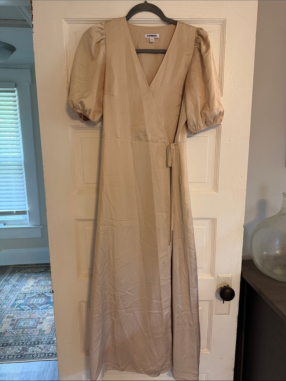 Express Neutral Puff-Sleeve Wrap Maxi Dress